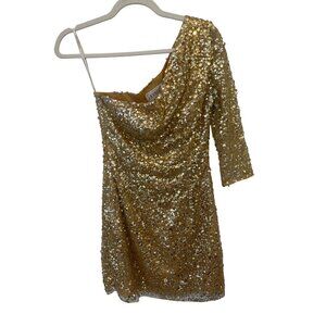 Sherri Hill Sequin One Shoulder Mini Dress Size 2 Gold Embellished Cocktail NEW